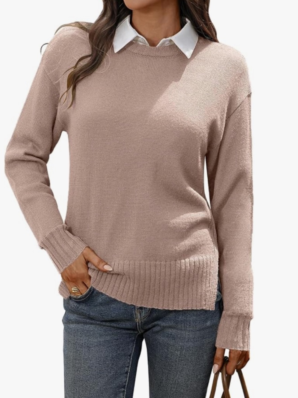 Women's Merino Wool Blend Sweater Crew Neck Side Slit Pullover